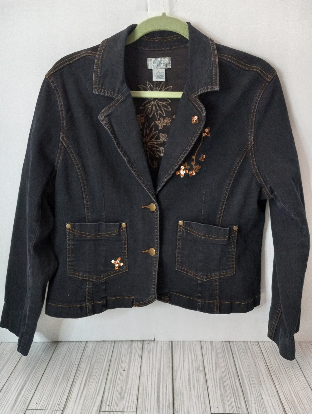 Shore Y2K Denim Jacket with Sequin & Beaded Flower Detail